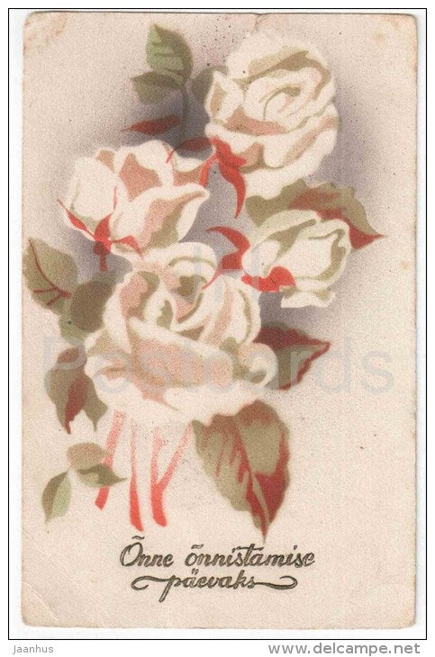 Greeting Card - White Roses - WO - circulated in Estonia 1940 - JH Postcards