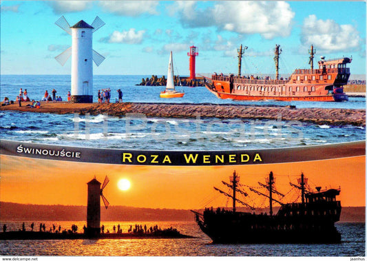 Swinoujsice - Roza Weneda - ship - lighthouse - multiview - Poland - used - JH Postcards