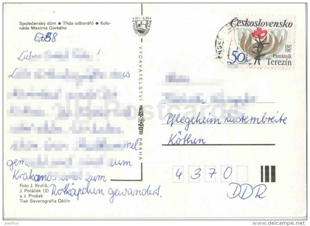 Marianske Lazne - Marienbad - social house - Maxim Gorky colonnade - Czechoslovakia - Czech - used 1988 - JH Postcards
