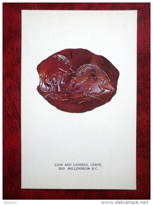 Antique Intaglio - Lion and Lioness - Crete . 2nd Millennium BC - antique art - unused - JH Postcards