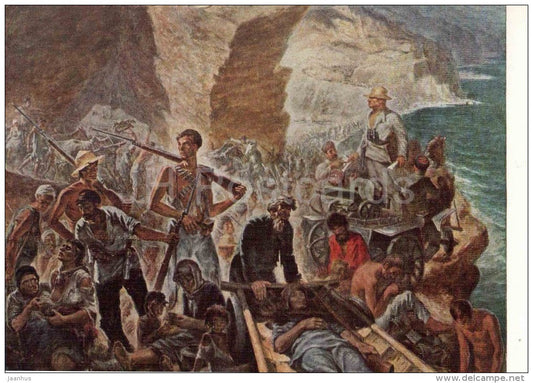 painting by Sokolov-Skalya - The Taman March , 1928 - soldiers - Maxim gun - russian art - unused - JH Postcards