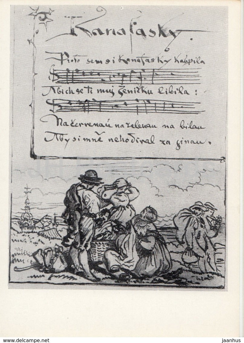 Illustration by Josef Manes - Illustration to folk song Canvas Skirts - Czech art - 1971 - Russia USSR - unused - JH Postcards