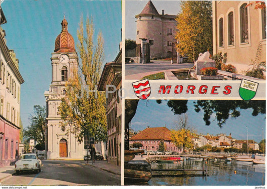 Morges - Rue Louis de Savoie et le temple - car - church - sailing boat - multiview - 2865 - 1979 - Switzerland - used - JH Postcards