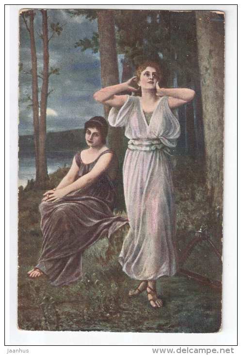 painting by Bodenhausen - Love and Betrayal - harp - women - old postcard - unused - JH Postcards