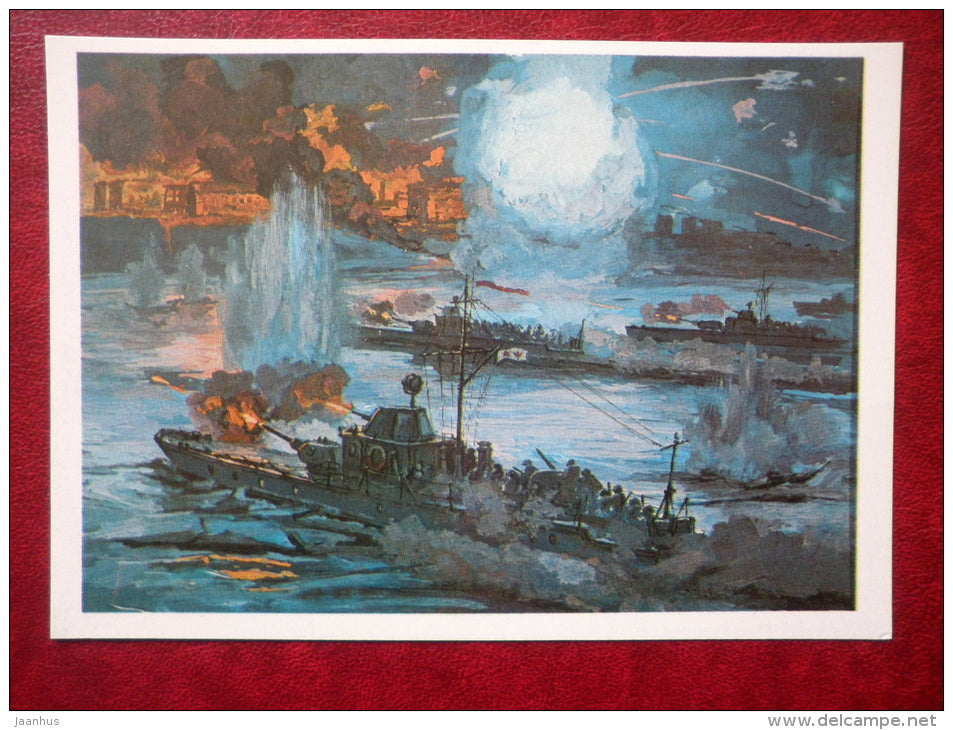 Crossing at Stalingrad - by I. Rodinov - soviet armored boats - WWII - 1984 - Russia USSR - unused - JH Postcards