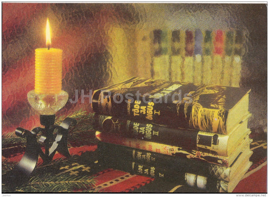 New Year Greeting card - candle - books - 1 - 1971 - Estonia USSR - unused - JH Postcards