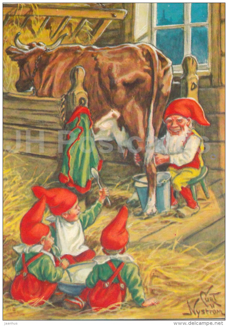Christmas Greeting Card by Curt Nyström - cow milking - gnomes - Sweden - used - JH Postcards