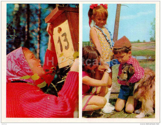 nesting box - children - dog - Nature Encounter - 1973 - Russia USSR - unused - JH Postcards