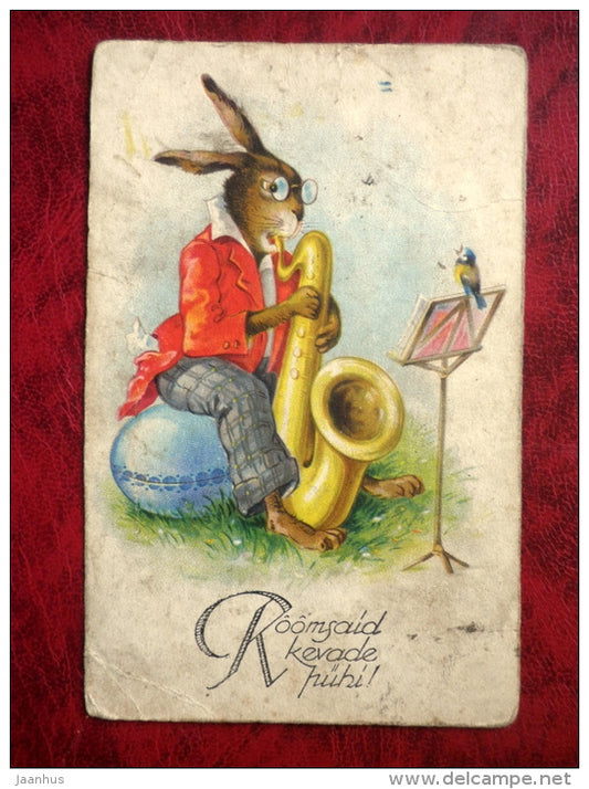 Easter greeting card - hare - saxophone - bird - music - 1920s-1930s - Estonia - used - JH Postcards
