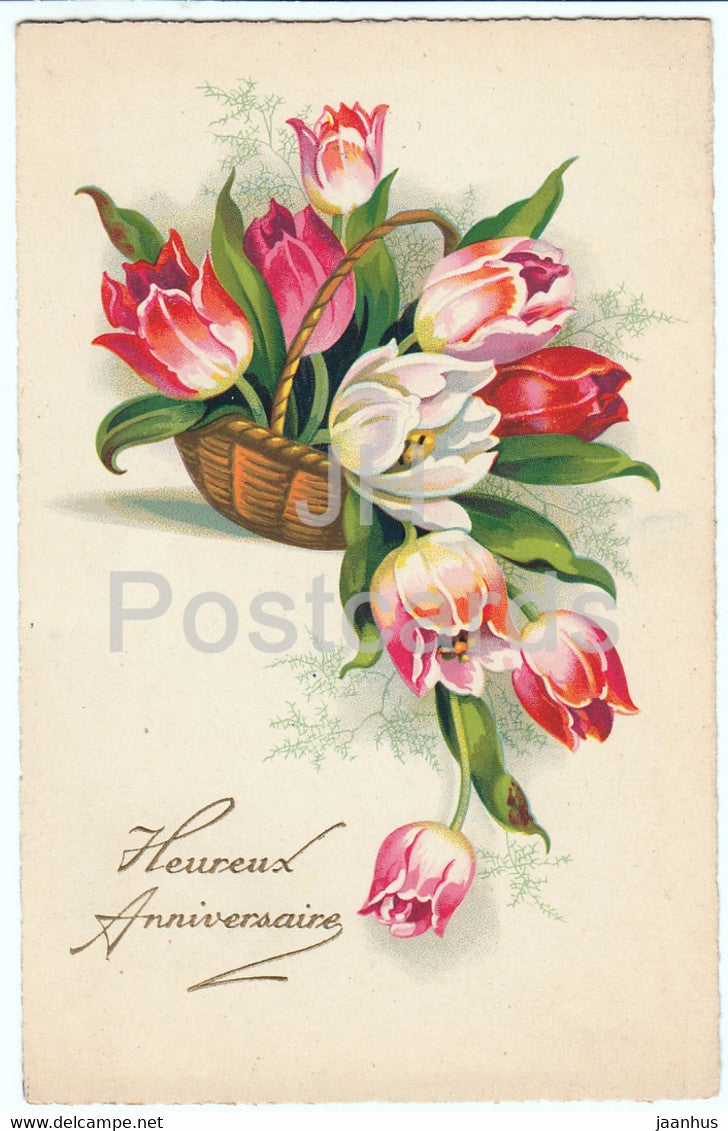 Birthday Greeting Card - Heureux Anniversaire - flowers - tulips - SSS - illustration - old postcard - France - used - JH Postcards
