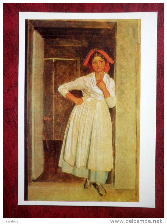 Painting by A. Ivanov - Albanian girl in doorway - russian art - unused - JH Postcards