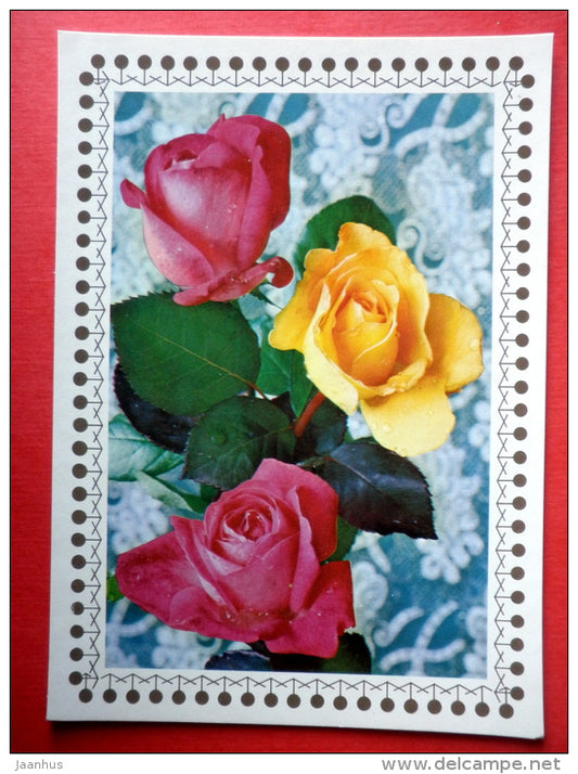 yellow and red roses - flowers - Czechoslovakia - unused - JH Postcards