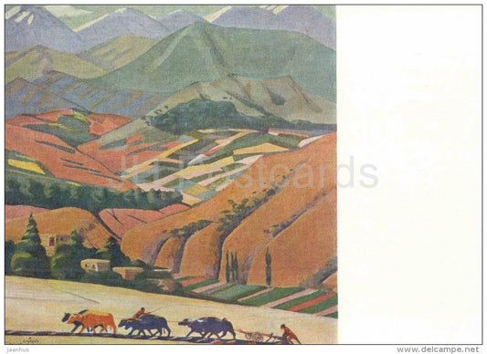 painting by M. Saryan - Mountains , 1923 - field - plowing - armenian art - unused - JH Postcards
