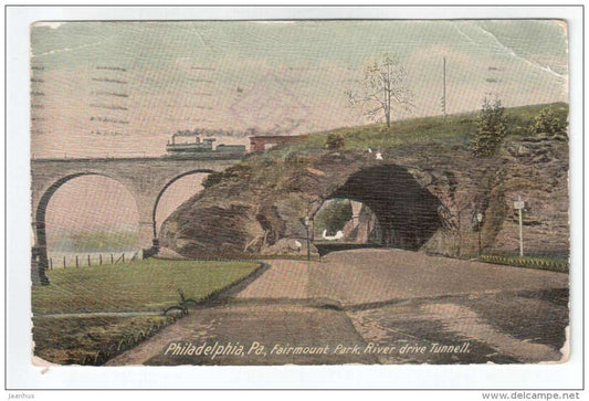 Fairmount Park , River Drive Tunnell , Philadelphia - old postcard - train - from USA to Russia 1917 - USA - used - JH Postcards