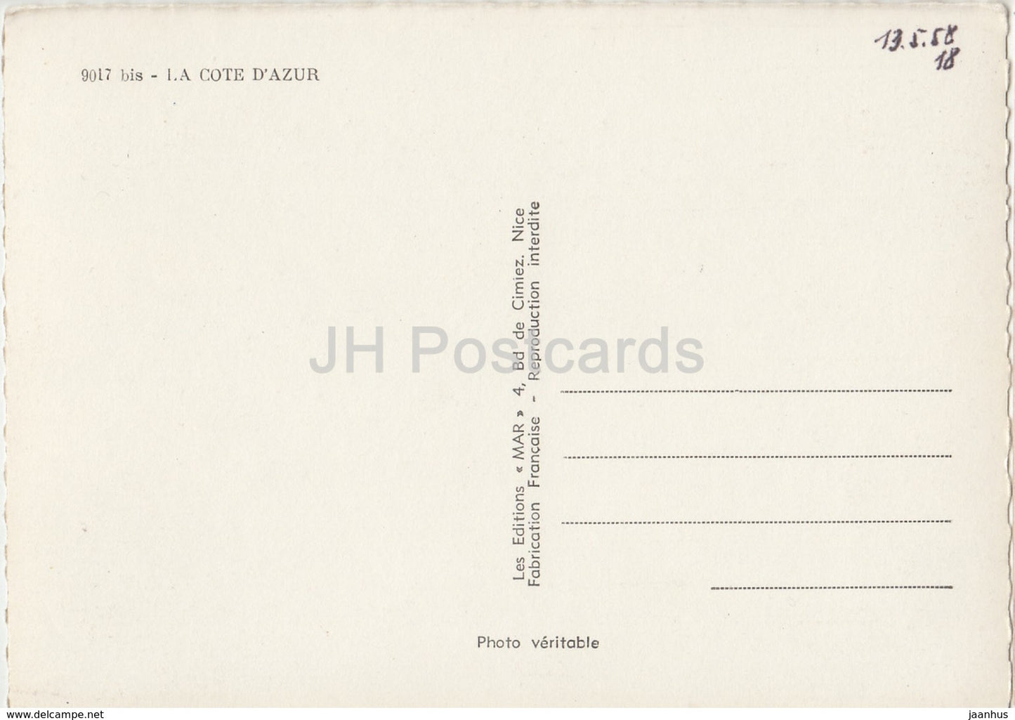 Souvenir de La Cote d'Azur - Cannes - St. Raphael - Monaco - Nice - Menton - 9017 - France - 1958 - unused