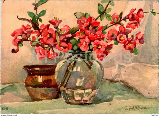 flowers in a vase - illustration by J. Philippe - 2071 - old postcard - flowers - Switzerland - unused