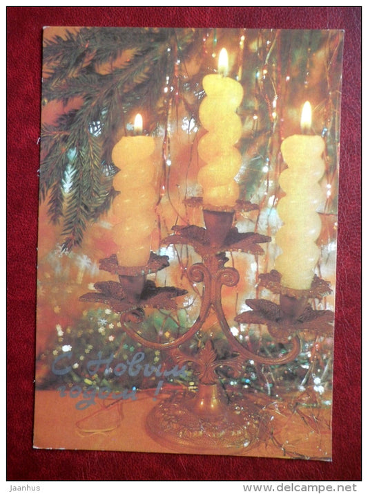 New Year greeting card - candlestick - candles - 1988 - Russia USSR - used - JH Postcards