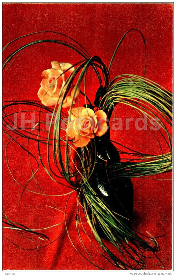 yellow roses - vase - flower composition - Decorative Bouquets - 1969 - Russia USSR - unused - JH Postcards