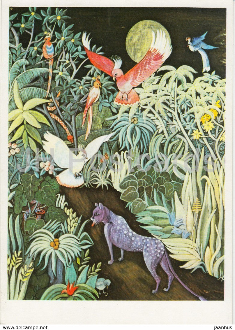 painting by Inge Sigrid Micha Koeck - Urwald bei Nacht - birds - 1781 - art - Germany DDR - unused - JH Postcards