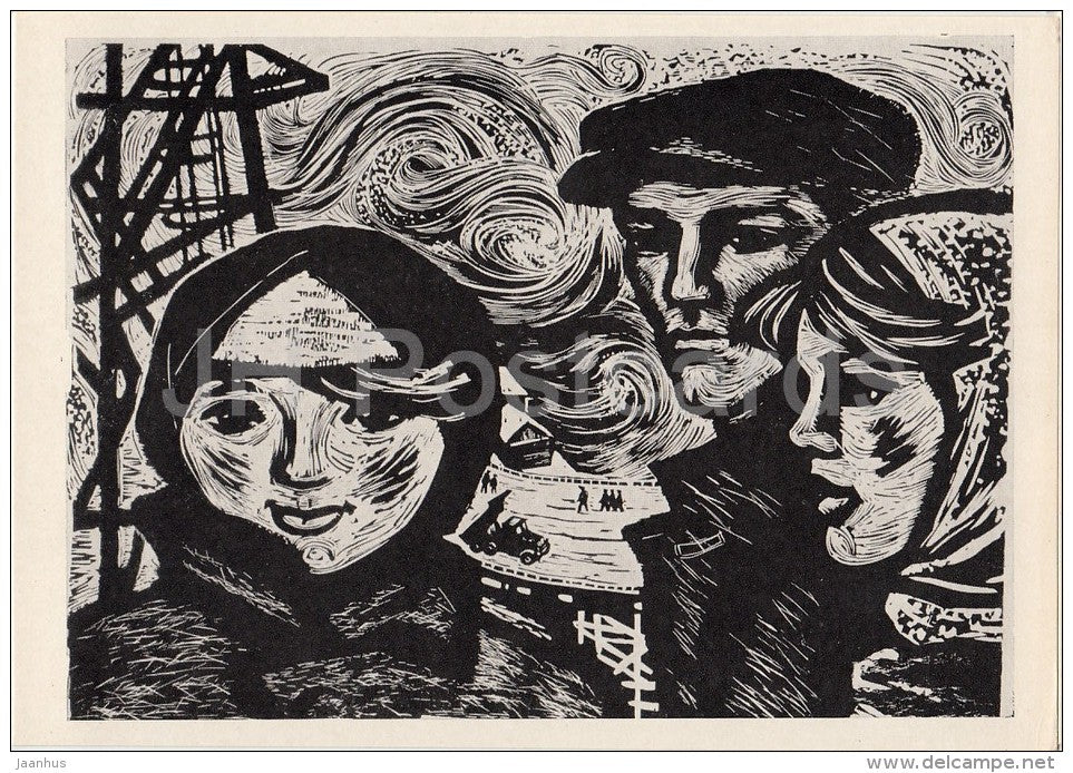 engraving by I. Bindler-Danilova - Youth of Siberia - Soviet engraving - Russian art - 1968 - Russia USSR - unused - JH Postcards
