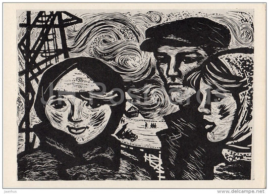 engraving by I. Bindler-Danilova - Youth of Siberia - Soviet engraving - Russian art - 1968 - Russia USSR - unused - JH Postcards
