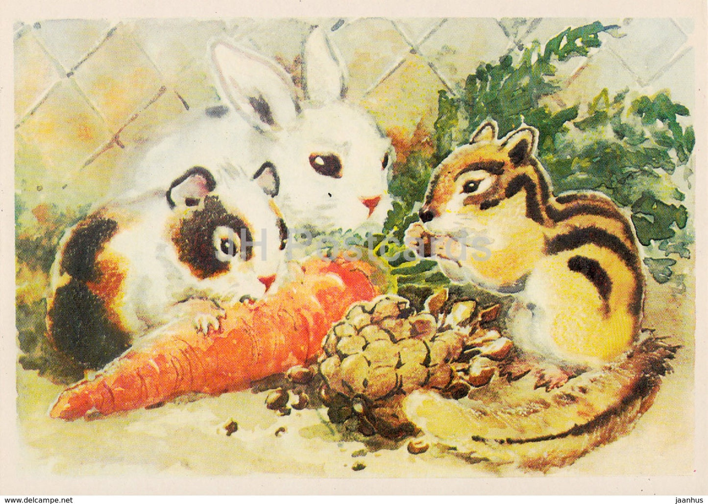 illustration by L. Gamburger - rabbit - Chipmunk - animals - Postcards for Children - 1984 - Russia USSR - unused - JH Postcards