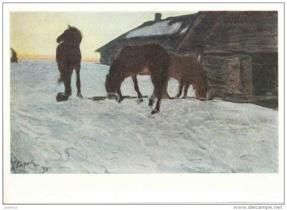 painting by V. Serov - Drinking Foals , 1904 - horses - russian art - unused - JH Postcards