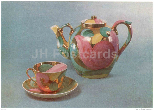 ceramics by P. Leonov - Tea Service , Pink Bird , 1967 - Soviet porcelain - russian art - Russia USSR - Unused - JH Postcards
