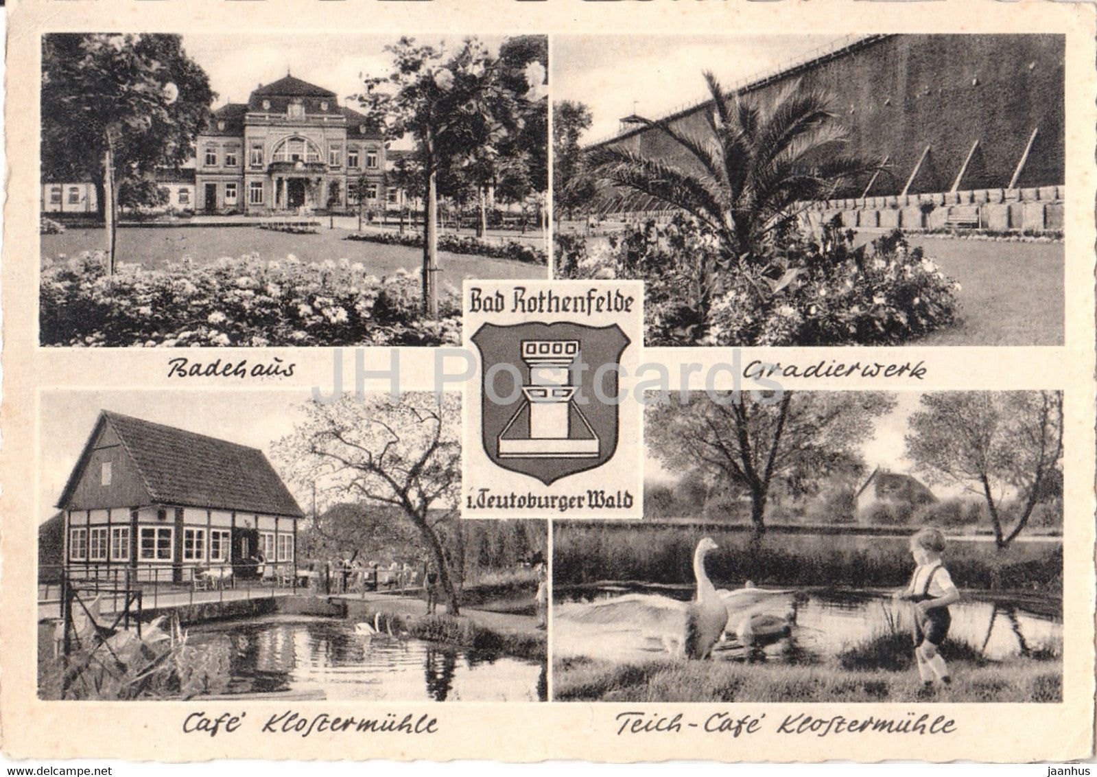 Bad Rothenfelde i Teutoburger Wald - Badehaus - Gradierwerk - Cafe Klostermuhle - Teich - 1958 - Germany - used - JH Postcards