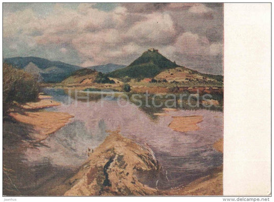 painting by I. Bokshay - Khust Castle - river - mountain - ukrainian art - unused - JH Postcards