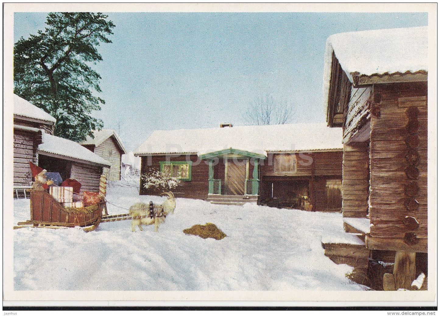 Christmas Greeting Card - sledge - houses - gifts - goat - Sweden - unused - JH Postcards