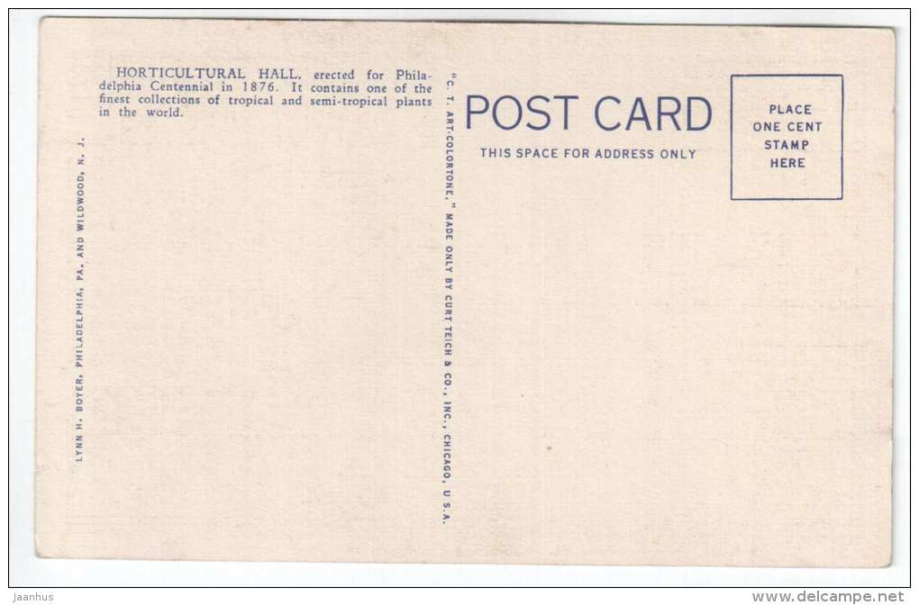 Lily Pond Horticultural Hall , Fairmount Park , Philadelphia - 174 - old postcard - USA - unused - JH Postcards