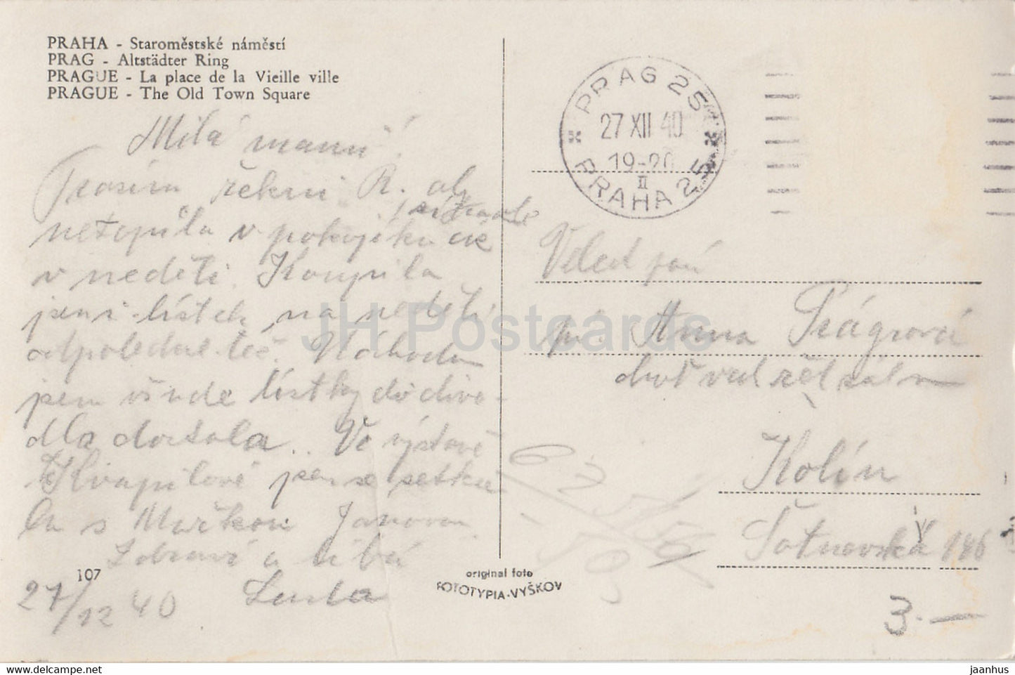 Praha - Prague - Staromestske namesti - Carte postale ancienne de la place de la Vieille Ville - 1940 - Tchécoslovaquie - République tchèque - utilisé