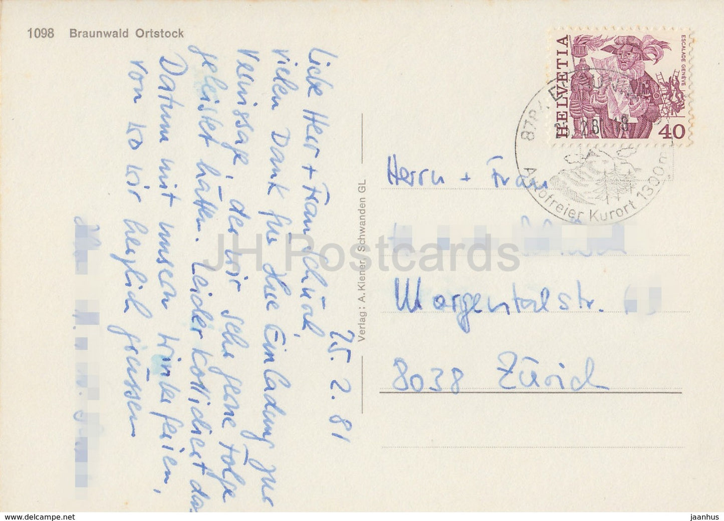 Braunwald - Ortstock - 1098 - 1981 - Suisse - d'occasion