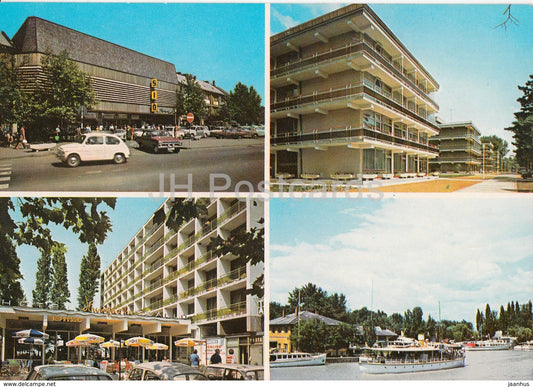 Siofok - hotel - passenger boat - cars - multiview - 1983 - Hungary - used - JH Postcards