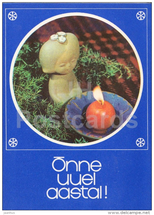 New Year Greeting card - 3 - red candle - statue of woman - 1977 - Estonia USSR - used - JH Postcards