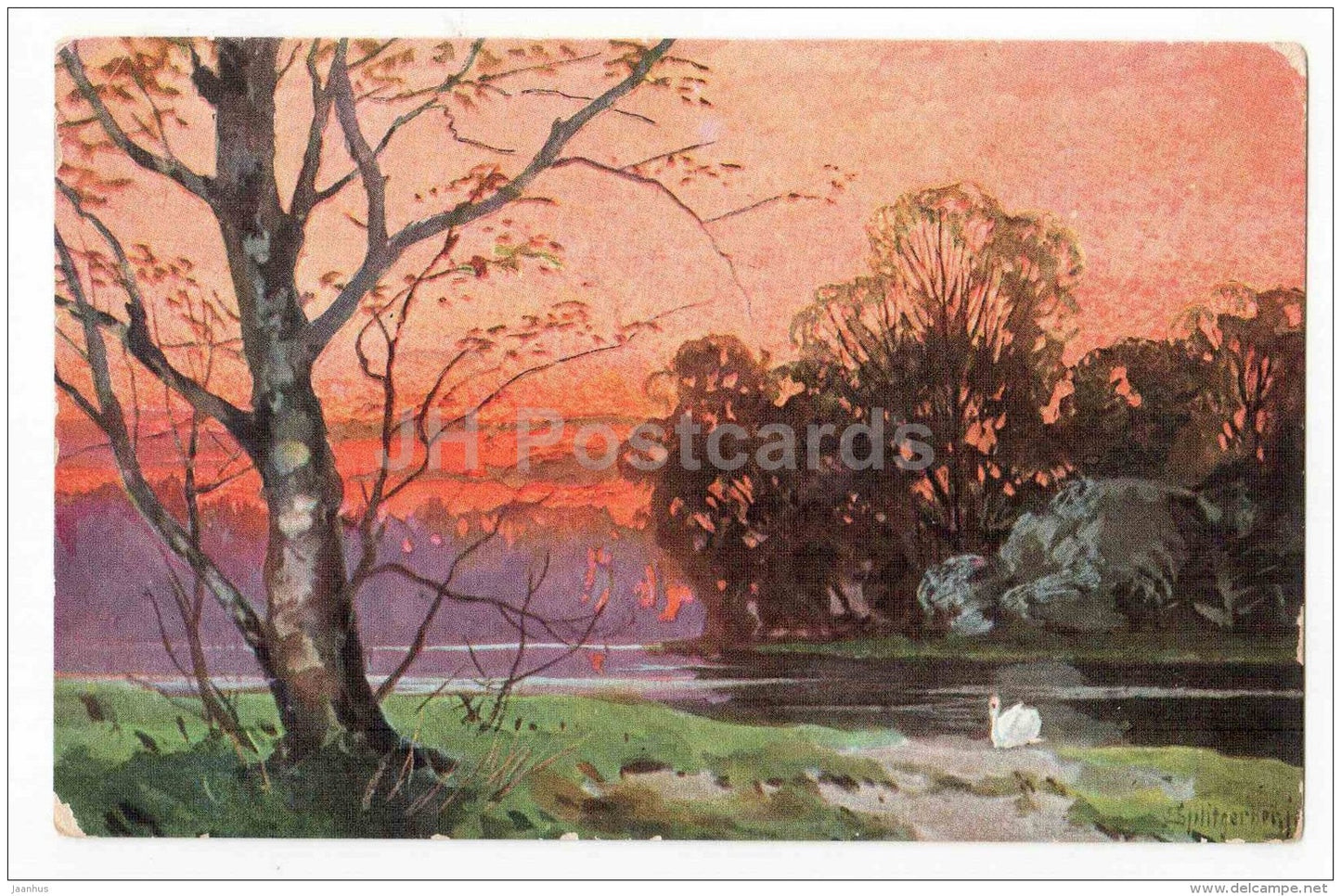 autumn landscape - swan - illustration - T.S.N. - circulated in Estonia Abja 1926 - JH Postcards