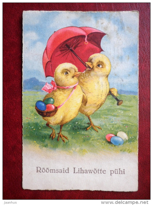 Easter Greeting Card - chicken - eggs - umbrella - EAS 1277 - circulated in 1931 - Estonia - used - JH Postcards