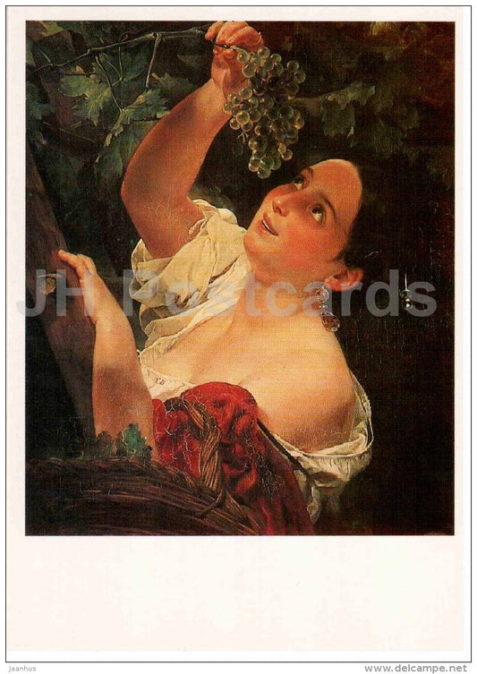 painting by K. Bryullov - Italian Midday , 1827 - woman harvesting grape - Russian art - 1985 - Russia USSR - unused - JH Postcards