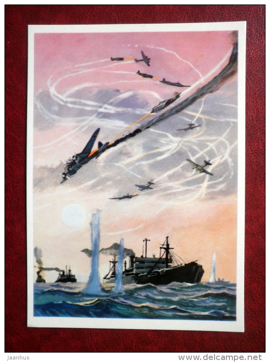 The Heroic feat of pilot Boriss Safonov  - by P. Pavlinov - WWII - warship - airplane - 1974 - Russia USSR - unused - JH Postcards