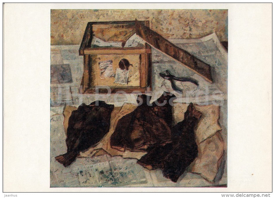 painting by V. Avdysheva - Parcel from Murmansk , 1967 - flounder - fish - Karelian art - Russia USSR - 1977 - unused - JH Postcards