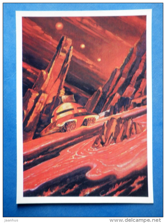 illustration by cosmonaut A. Leonov - Cross-Country vehicle moves through Lava - space - Russia USSR - 1973 - unused - JH Postcards