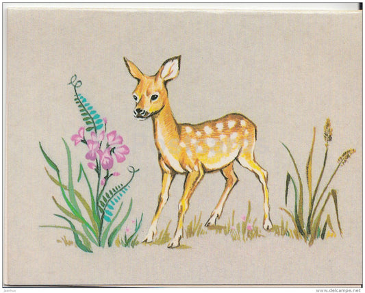 mini birthday greeting card by O. Trendelyeva - deer - 1986 - Russia USSR - unused - JH Postcards