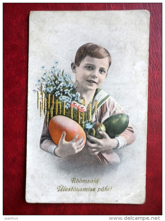 Easter Greeting Card - boy - eggs - circulated in 1925 - Estonia - used - JH Postcards