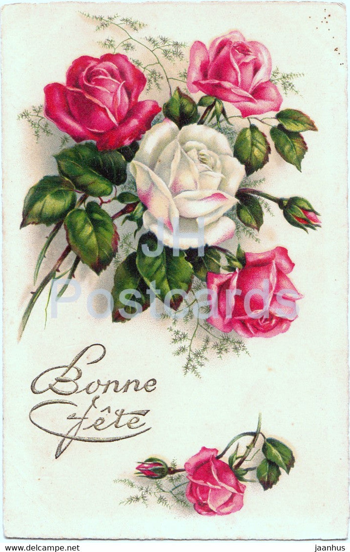 Birthday Greeting Card - Bonne Fete - flowers - roses - Meissner - illustration - old postcard - 1936 - Germany - used - JH Postcards