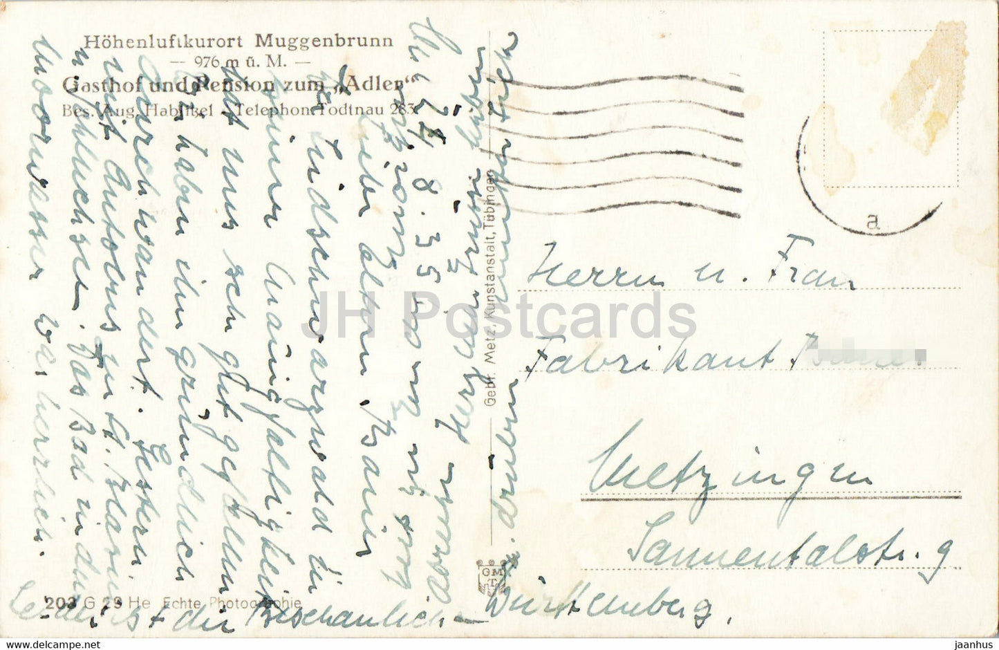 Muggenbrunn 976 m - Gashof und Pension zum Adler - carte postale ancienne - 1935 - Allemagne - utilisé