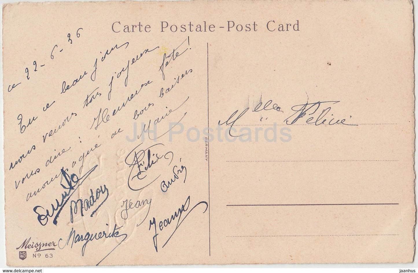 Birthday Greeting Card - Bonne Fete - flowers - roses - Meissner - illustration - old postcard - 1936 - Germany - used