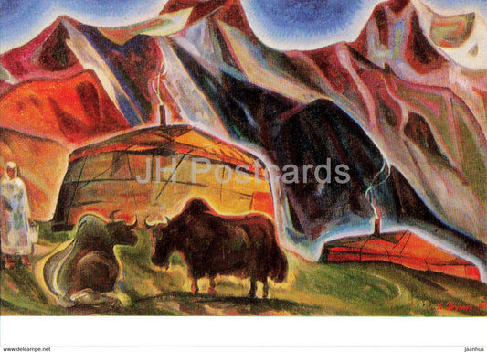 painting by Z. Habibullayev - Alichur - Yak - animals - Along the Pamir roads - Tajik art - 1974 - Russia USSR - unused - JH Postcards