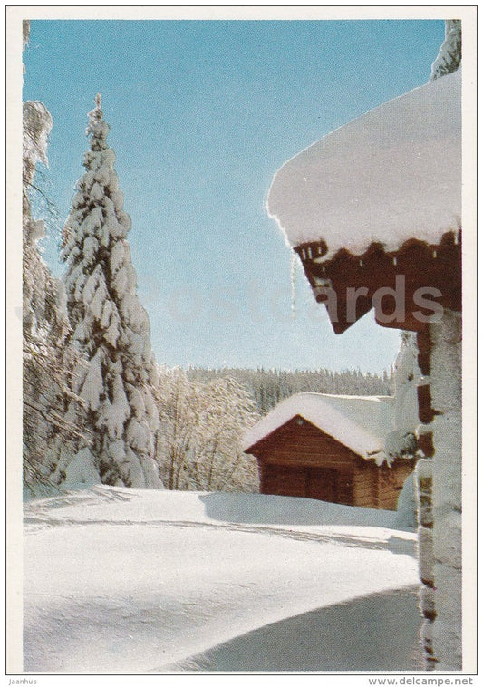 Christmas Greeting Card - sledge - houses - winter - Sweden - unused - JH Postcards