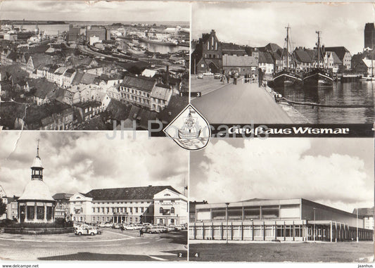 Gruss aus Wismar - Hafen - Markt - Rathaus - Sport und Kongresshalle - 1976 - Germany DDR - used - JH Postcards